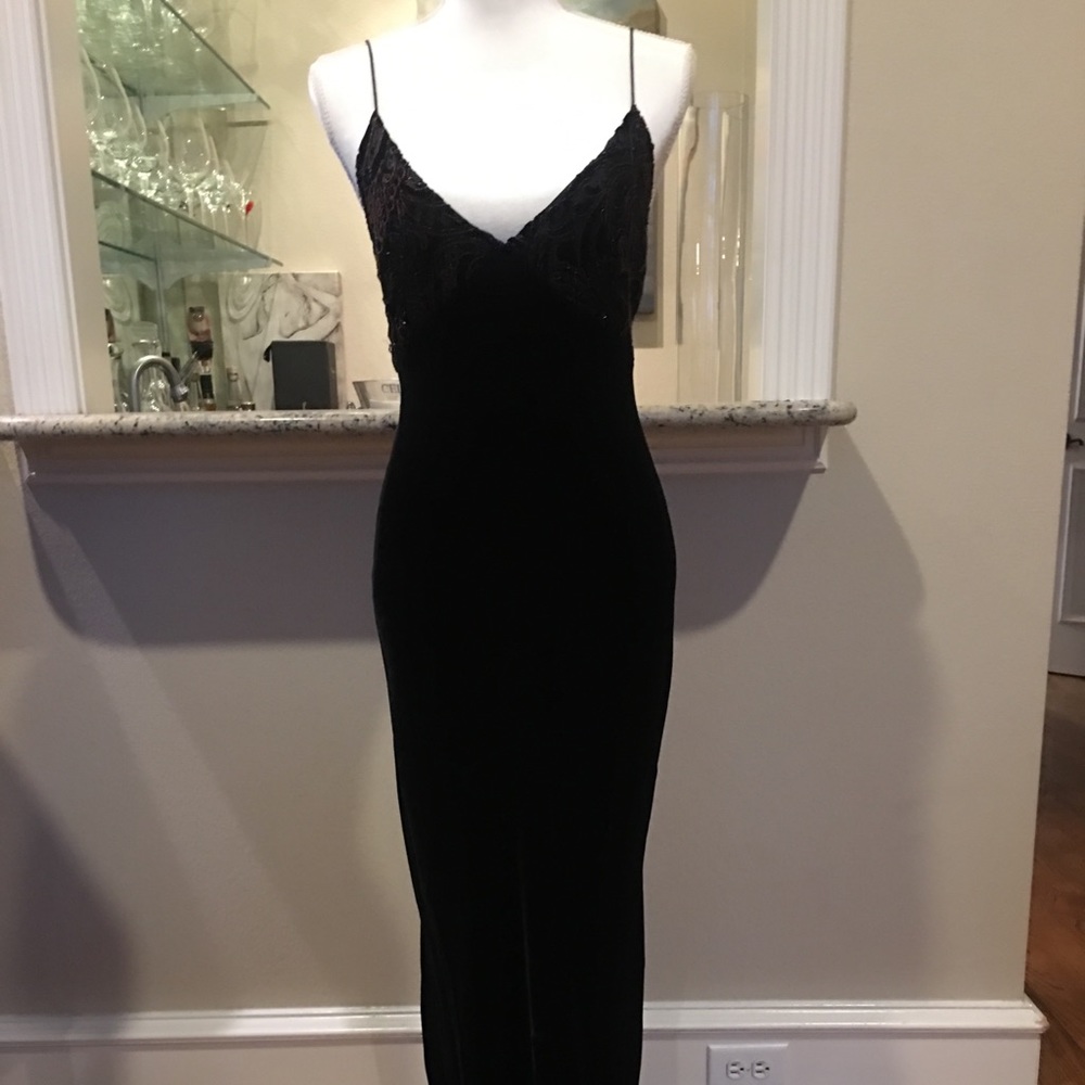 Carmen Marc Valvo long velvet cocktail dress